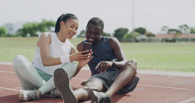 Happy people, runners and selfie in relax for photography, picture or photo in fitness on stadium track. Man and woman smile in sports for photograph, memory or capture moment on outdoor sports field
