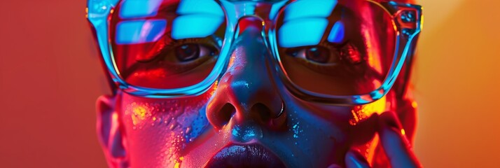 close up of a beautiful young woman's face with colorful glitter and makeup  - obrazy, fototapety, plakaty