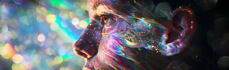 rainbow lights on a woman's eye representing imagination  - obrazy, fototapety, plakaty