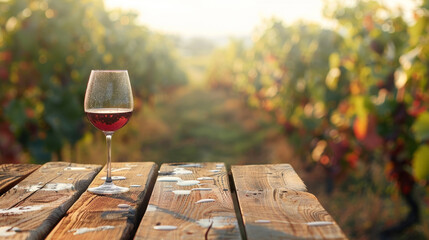 A wine glass is sitting on a wooden table in a vineyard