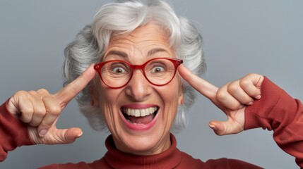 Cheerful Senior Woman Pointing at Glasses - obrazy, fototapety, plakaty