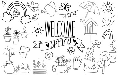 Hand drawn doodle spring elements with handwritten lettering welcome spring. Umbrella, fence watering can, bouquet of flowers, birds, rainbow. Hand drawn style. Gardening, springtime concepts.