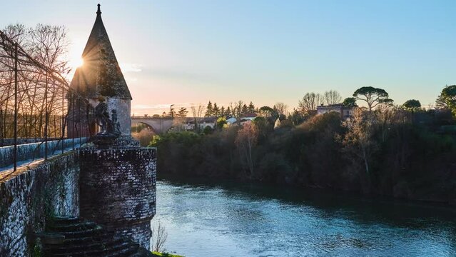 Tower of Garden of the Berbie palace. Sunset. Berbie palace is former episcopal palace located in Albi, in south-west of France.
