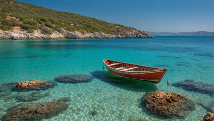 Fototapeta na wymiar A solitary boat moored in a calm bay