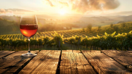 A glass of red wine is on a wooden table in front of a beautiful vineyard