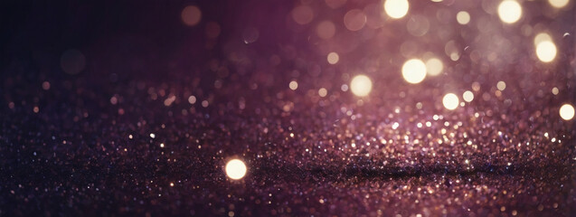 Background of abstract glitter lights. Pearl white and deep plum. Defocused. Banner.