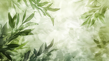Olive leaves, watercolor style, abstract green foliage background with copy space