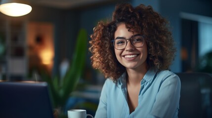 A Smiling Woman with Glasses - obrazy, fototapety, plakaty