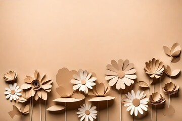 Cardboard flowers on beige background and copyspace