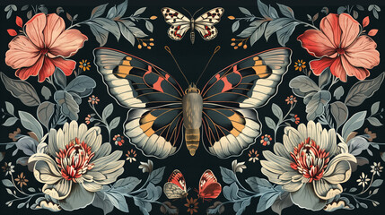 Floral textile wallpaper with butterflies and flowers.