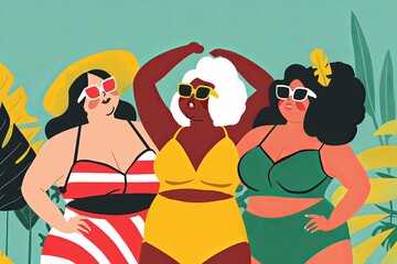 Three joyous, plus-size women radiate confidence in vibrant swimwear, celebrating body positivity amidst tropical foliage