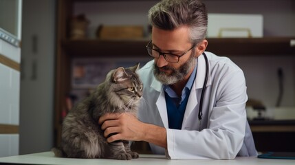 Veterinarian Examining a Grey Cat