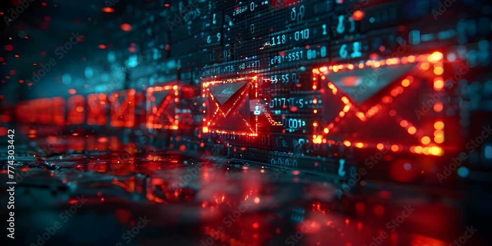 Poster email inbox flooded with suspicious digital notifications indicating potential cyber threats and ris