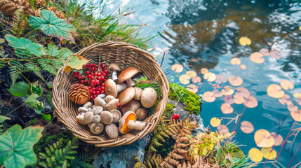 Serene pond-side scene with a wicker basket brimming with wild mushrooms, capturing the essence of sustainable foraging and nature&rsquo;s bounty, ideal for themes of natural living and eco-consciousness