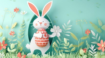 A paper rabbit is holding a colorful Easter egg and a beautiful flower to celebrate the happy event of Easter. The creative arts of plant and organism adaptation can be seen in this artwork AIG42E