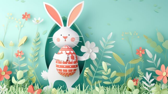 A paper rabbit is holding a colorful Easter egg and a beautiful flower to celebrate the happy event of Easter. The creative arts of plant and organism adaptation can be seen in this artwork AIG42E