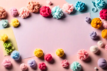Graphic banner of colorful pastel felt craft pom poms, with copyspace - obrazy, fototapety, plakaty
