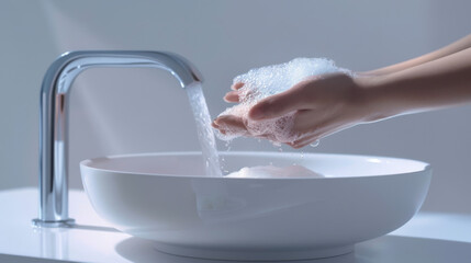 Fototapeta premium Hands are being washed under running water with soap and bubbles.