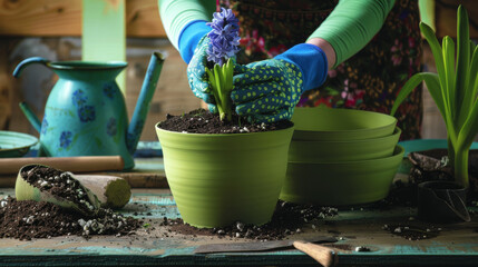 Gloved hands are busy with soil and flowers for spring planting on a rustic wooden table.