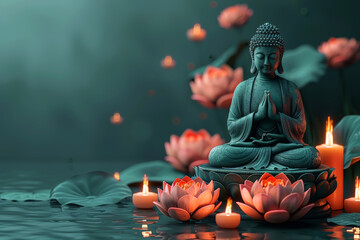 Buddha statue meditating with lotus flowers and candles. Vesak Day greeting card.