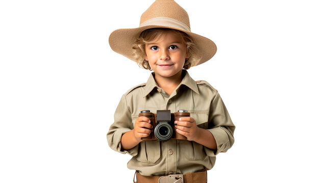A little boy with a hat holds a camera, ready to snap pictures