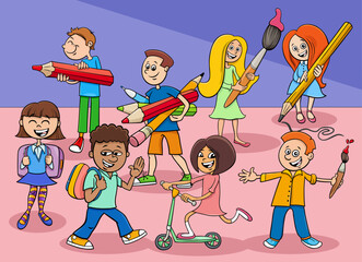 happy cartoon elementary school students group