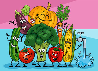 funny cartoon vegetables food objects characters group