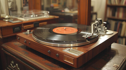 A vintage vinyl record spins elegantly on a classic turntable, evoking nostalgia and timeless...