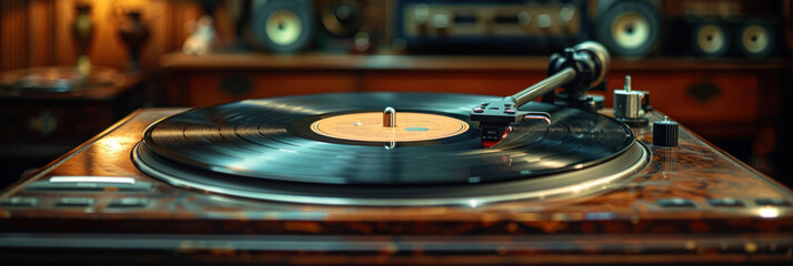 A vintage vinyl record spins elegantly on a classic turntable, evoking nostalgia and timeless...