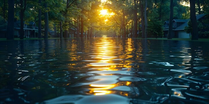 Deforestation and global warming lead to heavy flooding necessitating flood insurance for protection against fastflowing water. Concept Deforestation, Global Warming, Heavy Flooding, Flood Insurance