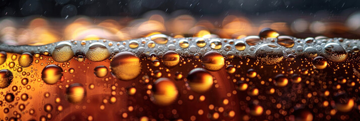 Close-up of beer in a glass, showcasing its bubbles, creates a captivating background. - obrazy, fototapety, plakaty