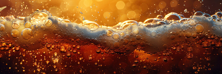 Close-up of beer in a glass, showcasing its bubbles, creates a captivating background. - obrazy, fototapety, plakaty