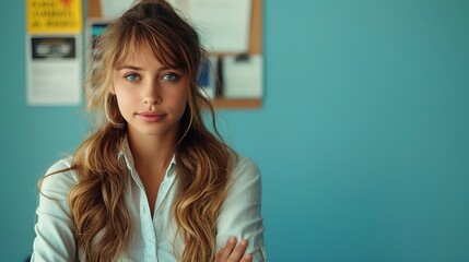 Young Woman Crossed Arms in Office with Bulletin Board - Copy Space