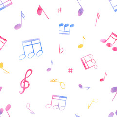 Abstract music notes. Seamless pattern. Multicolored note symbols. Musical cute atmosphere. Watercolor illustration isolated on white background. For textile, package, wrapping