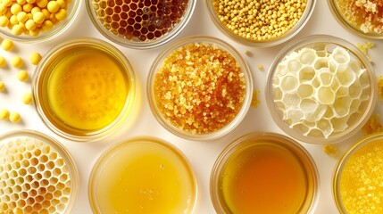 Assorted apiculture products. White backdrop. Variety of honey, pollen grains, and beeswax. Concept of Beekeeping, organic health food, bee farming, and nutritional supplements. - obrazy, fototapety, plakaty