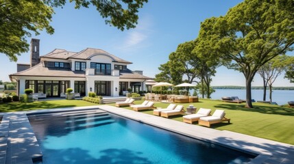 Obraz premium Mediterranean inspired villa with a sprawling garden and a private beach access in the exclusive Hamptons, New York