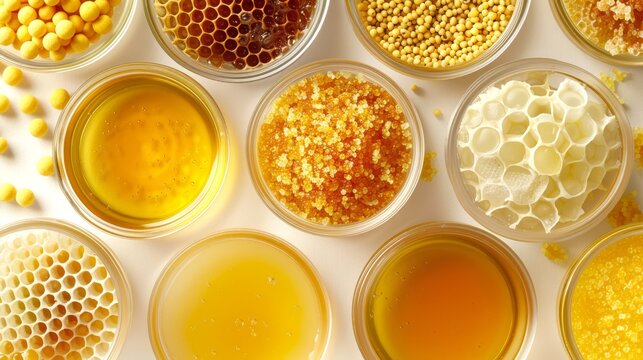 Assorted apiculture products. White backdrop. Variety of honey, pollen grains, and beeswax. Concept of Beekeeping, organic health food, bee farming, and nutritional supplements.