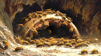 Digital art of a bustling bee colony. A swarm of bees on a hive with intricate detail. Concept of hive activity, bee society, digital realism, ecological illustration. - obrazy, fototapety, plakaty
