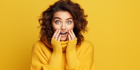 Shocked woman with hands on cheeks, open mouth, wide eyes. Concept of shock, unexpected news, pleasant sale or offer, joyful reaction, promotional content. Yellow background. Wide banner. Copy space - obrazy, fototapety, plakaty