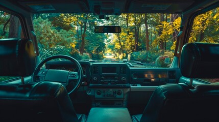 View from inside SUV, surrounded by the lush greenery of forest setting. Comfortable black leather seats invite on a nature escape. Concept of wilderness drives, nature connection, outdoor adventures