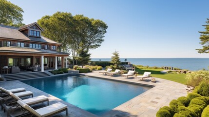 Fototapeta premium Mediterranean inspired villa with a sprawling garden and a private beach access in the exclusive Hamptons, New York