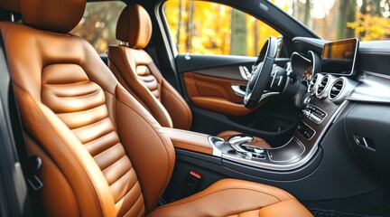 Modern sports car interior featuring leather seating and advanced touchscreen dashboard. Fusion of...