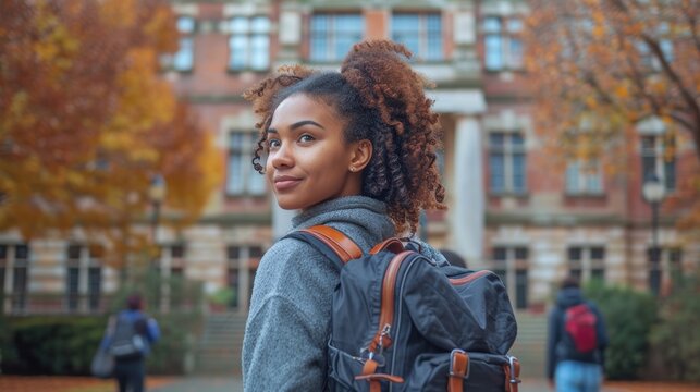 African American immigrant student exploring university campus. Young woman refugee with backpack. Concept of education, new beginnings, immigrant journey, diversity, cultural assimilation.