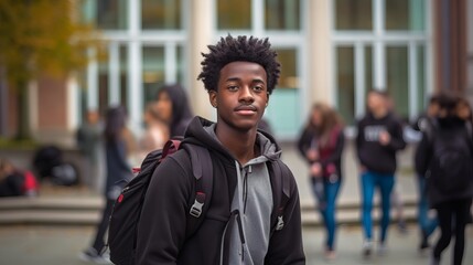 African American male student with a backpack at a university campus. Young man. Concept of academic aspirations, higher education, student diversity, new beginnings, and cultural integration. - obrazy, fototapety, plakaty