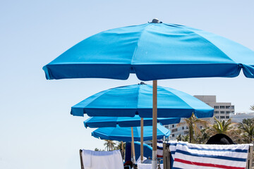 A row of blue beach umbrellas by the ocean