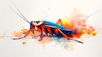 Insect in watercolor art style. A cockroach amidst vivid watercolor stains. Beetle. Concept of biological illustration, artistic representation, and colorful painting. Aquarelle - obrazy, fototapety, plakaty