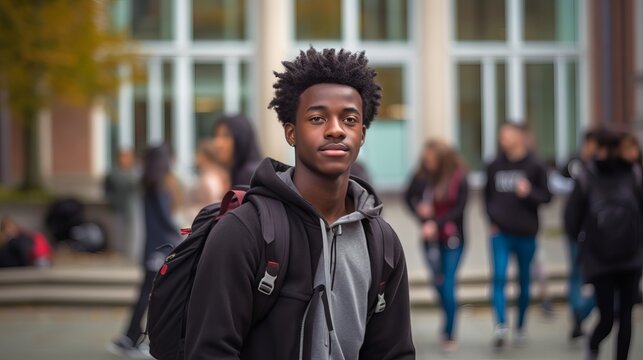 African American male student with a backpack at a university campus. Young man. Concept of academic aspirations, higher education, student diversity, new beginnings, and cultural integration.