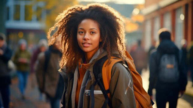 Black female student refugee with backpack at a university campus. Outdoors. Outdoors. Young woman. Concept of academic aspirations, new beginnings, immigrant education, refugee integration, diversity