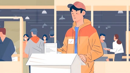 Young Asian man casting his ballot at a polling station. Asian male voter. Concept of democracy, elections, civic duty, diversity. American presidential elections. Digital art