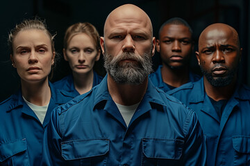 Diverse group of prison officers or security personnel against a dark background